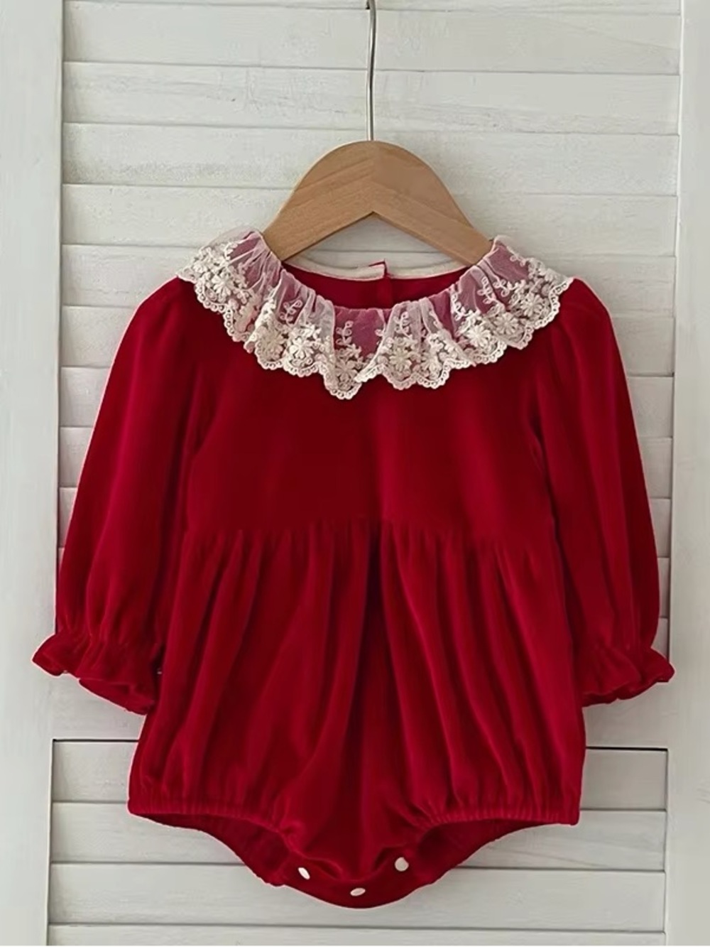 Red Lace-Collar Velvet Baby Romper - Kids Shirts & Tops